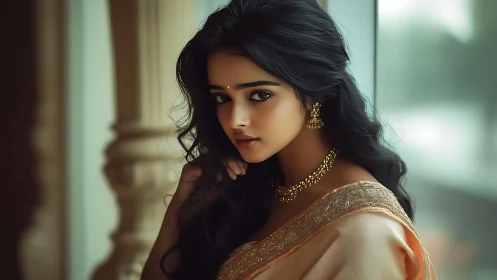 Portrait depicts woman in sari near window in soft focus