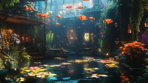 Floating koi above luminous courtyard pond at twilight.