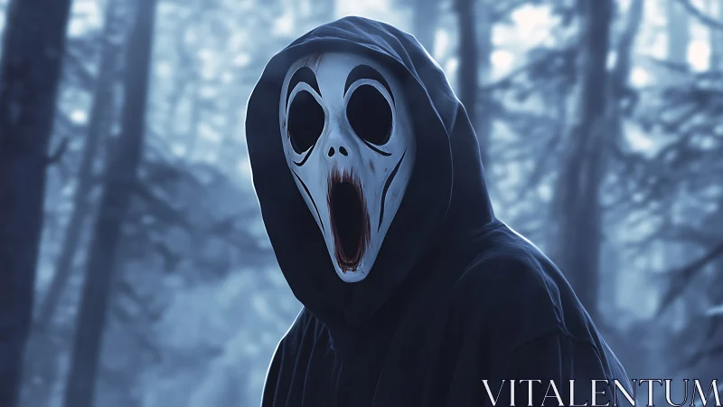 Hooded ghost mask figure in blue toned forest scene.