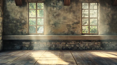 Sunlit rustic room with stone walls and weathered wooden floor.