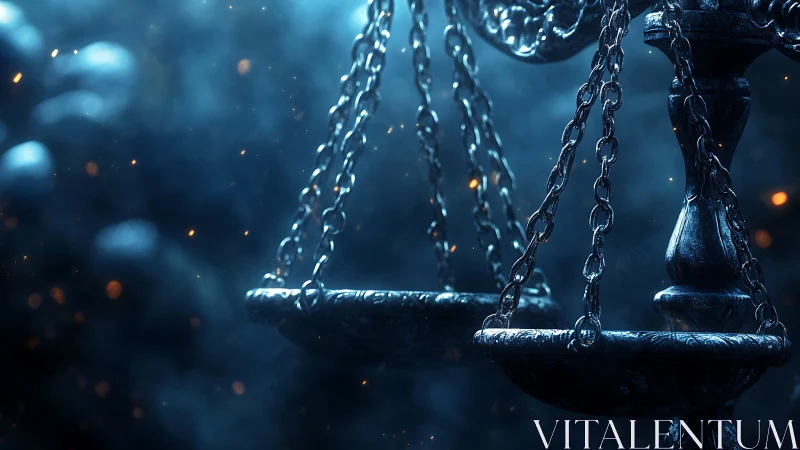 Metal balance scales in dim blue light with suspended chains.