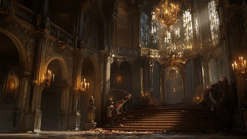 Digital baroque grand staircase with chandeliers and rose details.