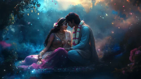 Couple in formal attire positioned in luminescent forest setting.