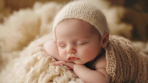 Sleeping newborn wrapped in knitted textiles and headwear