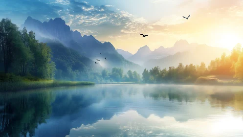 Atmospheric mountain-lake interface with volumetric dawn light.