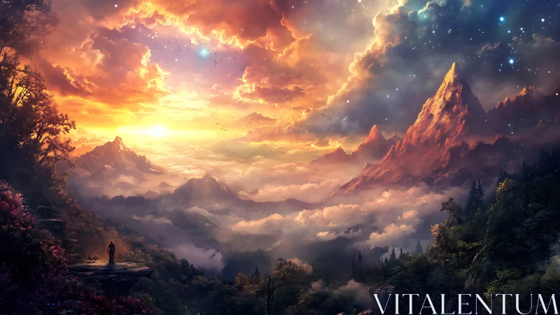 Lone figure overlooking glowing fantasy mountain valley.