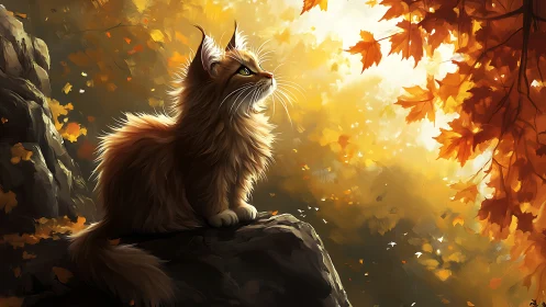Long-haired cat perched on dark rock in autumn golden light.