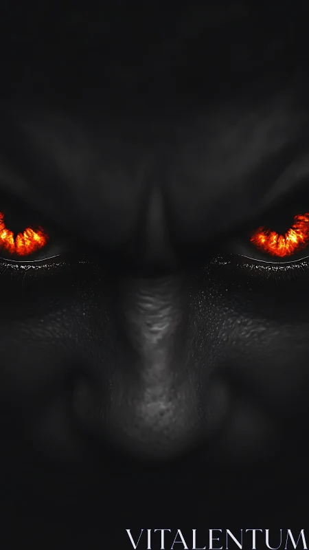 Demonic face with burning eyes pierces black void. Period.