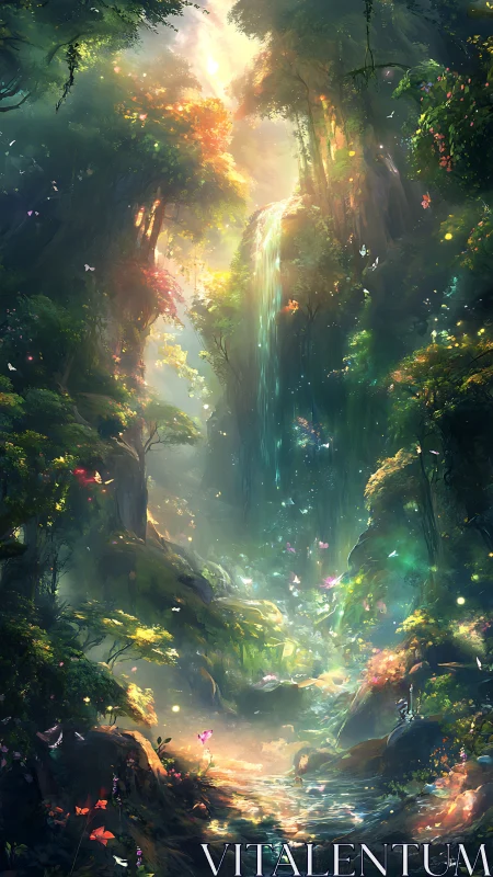 Luminescent waterfall sanctuary in a spellbound forest.