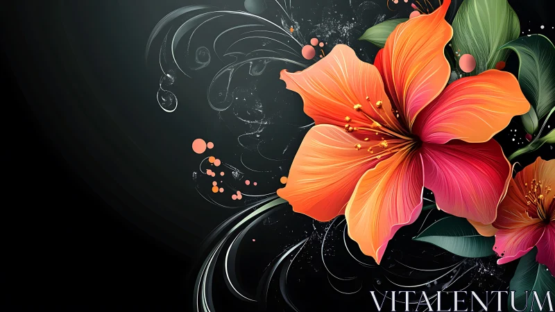 Vibrant Orange Hibiscus Against Dark Ornamental Background.