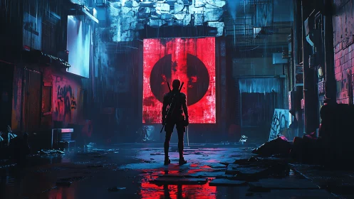 Lone cyberpunk warrior faces neon shrine in rainy alley.