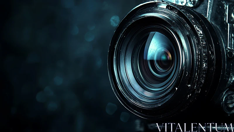 Macro camera lens closeup with cool cinematic reflections.
