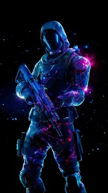Neon armored space soldier holding rifle in cosmic void.