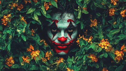 Clown makeup face framed by dense green foliage and flowers