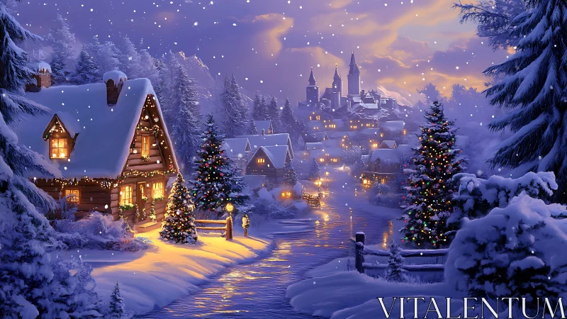 Snowy Christmas village glows under soft twilight snowfall