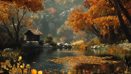 Wooden cabin beside reflective pond in dense autumn forest.