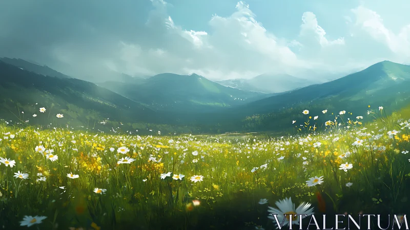 Sunlit wildflower meadow rolls toward tranquil blue mountains