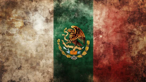 Weathered Mexican flag with central eagle coat of arms