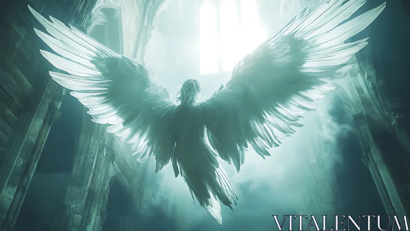 Radiant angelic figure ascends through luminous cathedral light.