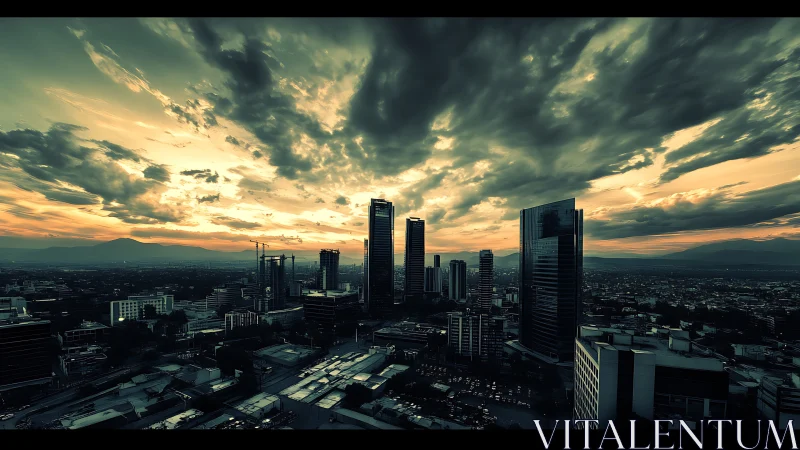 Storm-lit skyline rises over city at dramatic green dusk