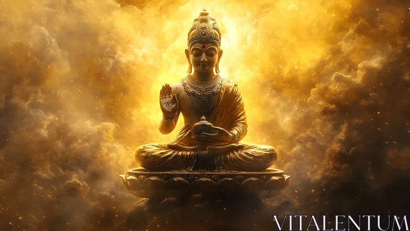 Golden serene Buddha seated in glowing celestial light.