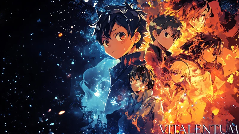 Dual elemental anime heroes stand between fire and starlit void