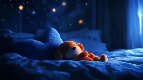 Orange teddy bear rests on blue bed under glowing stars