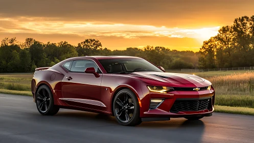 Red Chevrolet Camaro coupe on rural road at sunset.