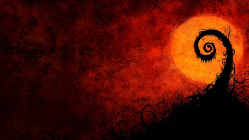Twisted silhouette curls before blazing textured blood moon.