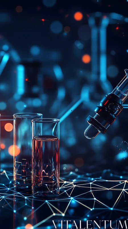 Neon-lit laboratory vials with droplet pipette over data grid