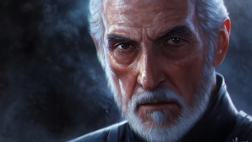 Digital portrait of stern older man with white beard.