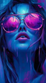Close-up neon portrait shows woman in reflective sunglasses