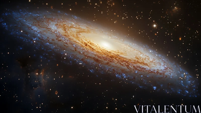 Spiral galaxy in oblique view with dense star field background.