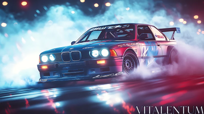 Turbo drift car cuts neon fog on wet night circuit.