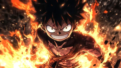 Intense anime fighter emerging from swirling firestorm.