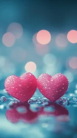 Crystalline Hearts Against Teal Bokeh Backdrop.
