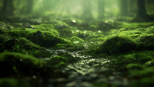 Moss-Covered Stone in Rain.