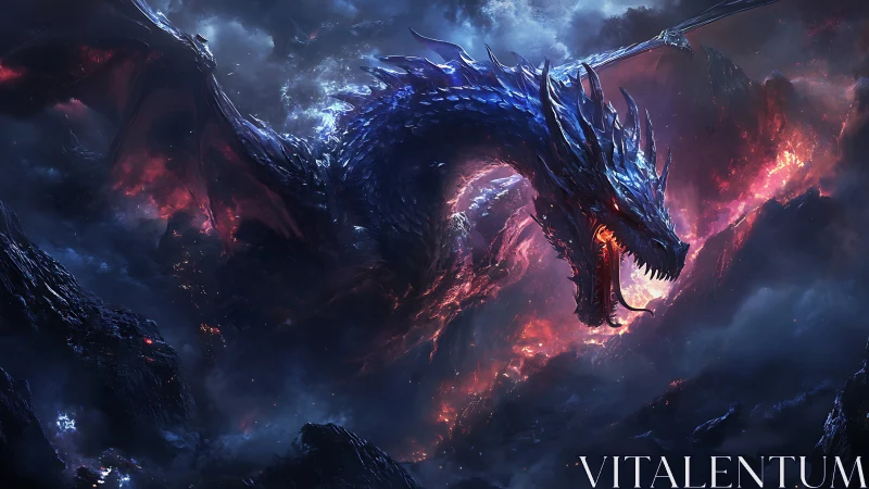Epic infernal dragon in volcanic stormscape digital painting.