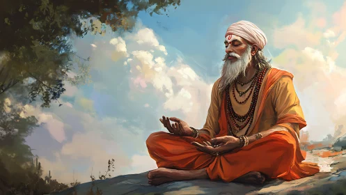Elderly sage in orange robes meditating cross-legged under diffuse sky