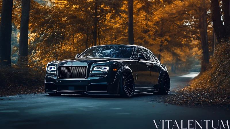 Midnight luxury cruiser stalking an amber autumn road.