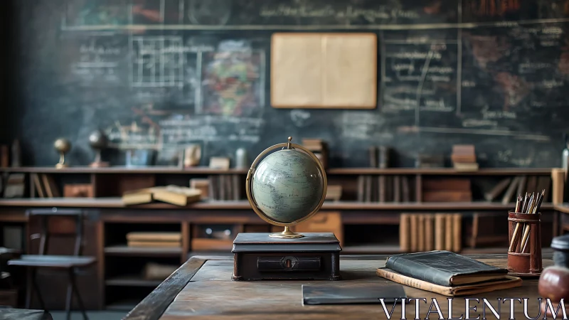 Vintage classroom desk with globe, notebooks and chalkboard schematics