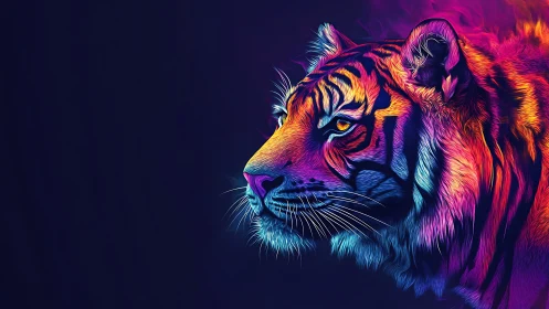 Radiant neon tiger gazes into the dark with fierce calm