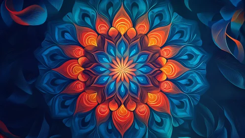 Mandala of ember petals quietly blooms through midnight blue