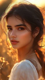 Sunlit portrait of a young woman in golden evening fields