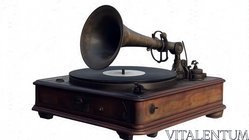 Vintage wooden gramophone with record and metal horn.