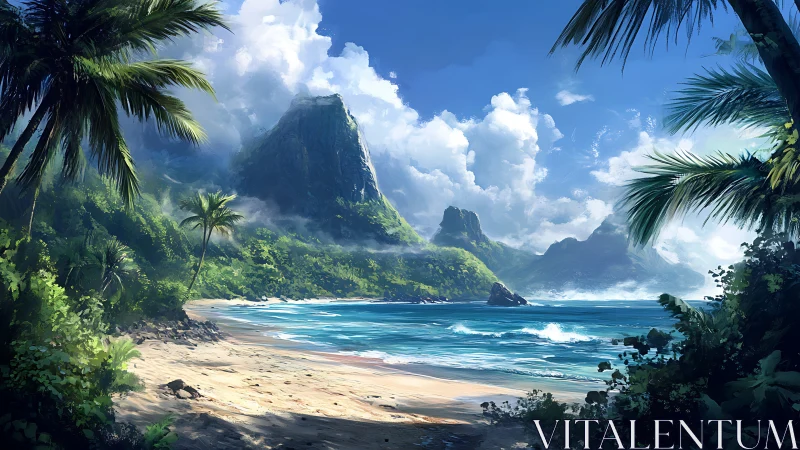 Tropical Paradise Cove Beneath Verdant Peaks.