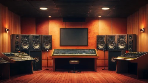 Professional recording studio control room with mixing desk.