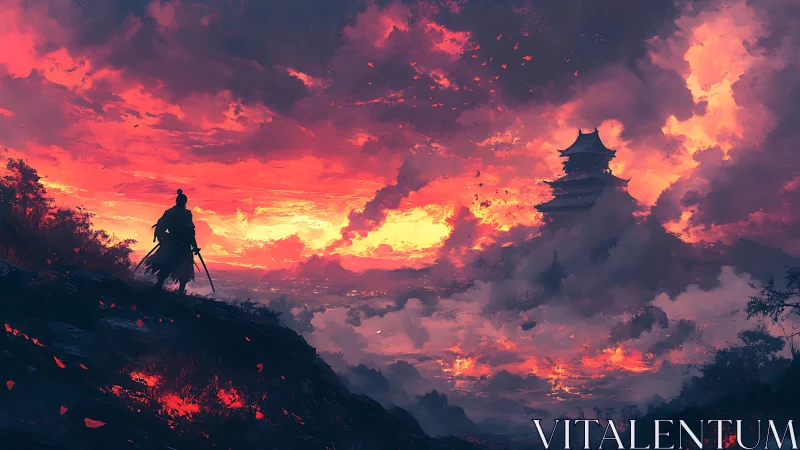 Samurai silhouette before distant fortress at burning dusk sky.