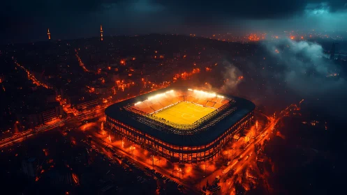 Nocturnal football stadium under cinematic urban fog glow.