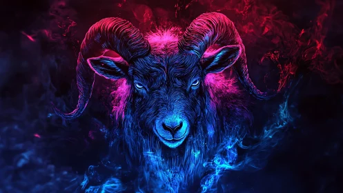 Neon ram portrait in blue and magenta smoke glow.